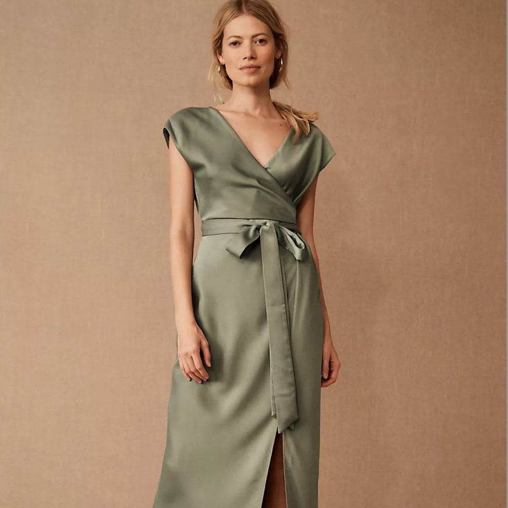 BHLDN Louisa Satin Charmeuse Midi Dress in Moss